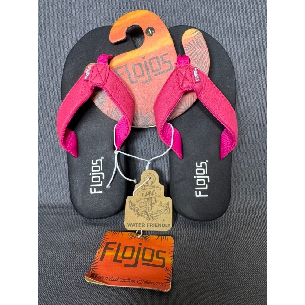 Flojos Brody Kids Flip Flops Pink Black Water Friendly Sandals Size 1 NEW